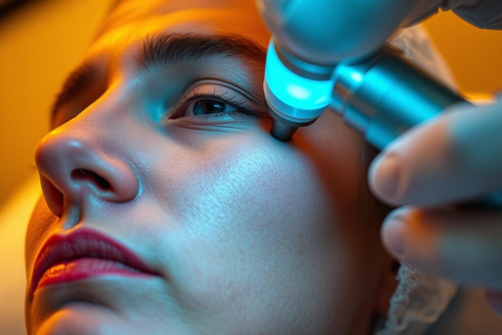 A patient undergoing a microneedling procedure with radiofrequency, their face captured in a close-up view. The patient's expression conveys a mix of discomfort and focus, as the treatment progresses. The skin appears slightly reddened, with the microneedles visible, penetrating the surface. Warm, diffused lighting illuminates the scene, creating a clinical yet intimate atmosphere. The background is blurred, drawing the viewer's attention to the central subject. The angle suggests a perspective from the practitioner's point of view, providing a realistic representation of the treatment session.
