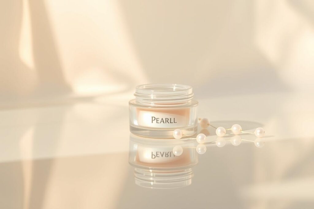 A radiant pearl-infused skincare product resting on a tranquil, reflective surface. The product is expertly photographed against a soft, diffused backdrop, bathed in warm, natural lighting. The composition highlights the perolado (pearlescent) effect, showcasing the product's luminous, glowing appearance. Delicate pearl accents are subtly present, complementing the serene, high-end aesthetic. The overall mood is one of refinement, luminosity, and a sense of indulgent self-care, reflecting the "Pearl Skin" concept.