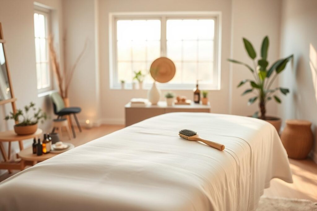 A serene, airy studio setting bathed in warm, diffused lighting. In the foreground, a massage table draped in crisp, white linens, beckoning for a relaxing lymphatic drainage session. Beside it, an assortment of essential oils, brushes, and other massage tools neatly arranged, their textures and colors inviting. In the middle ground, a soothing palette of neutral tones, with minimalist decor and plants lending a calming, spa-like ambiance. The background features large windows, allowing natural light to filter in and cast a tranquil glow throughout the space. An atmosphere of tranquility and rejuvenation permeates the scene, capturing the essence of lymphatic drainage in the year 2025.