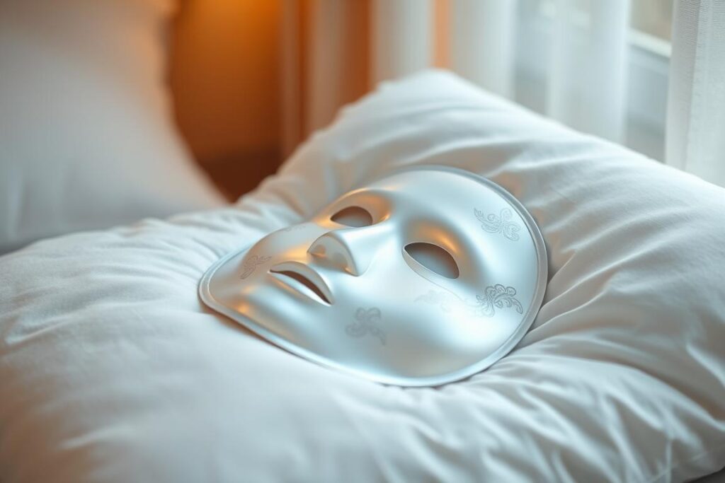 A serene and tranquil overnight face mask, resting softly on a plush, white pillow. The mask's surface has a luminous, pearl-like sheen, hinting at the rejuvenating properties within. Delicate patterns, reminiscent of intricate lace, adorn the mask, adding a touch of elegance. Soft, diffused lighting from a nearby window casts a warm, comforting glow, creating an atmosphere of relaxation and renewal. The composition is balanced, with the mask centered and the pillow providing a natural frame. This image captures the essence of an overnight mask that transforms the skin while the user sleeps, preparing them to wake up with a radiant, refreshed complexion.