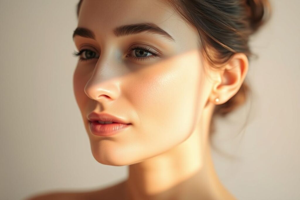 A serene, glowing portrait of a woman's face, her skin radiating with healthy, hydrated luminescence. Soft, diffused lighting casts a warm, ethereal glow, highlighting the delicate features and the rejuvenated, youthful appearance. In the background, a soft, blurred gradient of pastel hues creates a sense of depth and tranquility. The composition is carefully balanced, drawing the viewer's attention to the central focus - the woman's flawless, hydrated complexion. Subtle details, such as the subtle sheen on the skin and the barely-there texture, add to the sense of realism and immediacy. The overall mood is one of calm, refreshed beauty, capturing the essence of the "benefícios pele hidratação" concept.