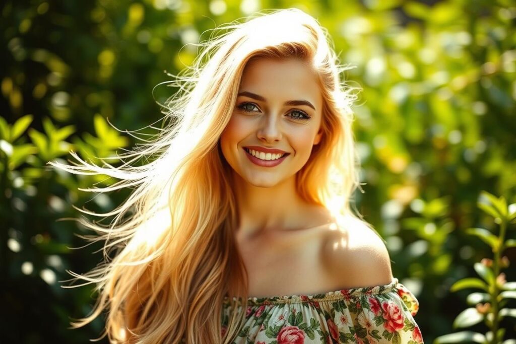 A serene, sun-dappled portrait of a captivating "boho blonde" woman. Her flowing, golden tresses cascade over her shoulders, framing a face radiant with a whimsical, carefree expression. Wearing a floral, off-the-shoulder dress, she appears to be in a lush, verdant garden setting, with soft, diffused lighting that enhances her natural beauty. The overall mood is one of effortless elegance and bohemian charm, perfectly capturing the essence of the "boho blonde" aesthetic.