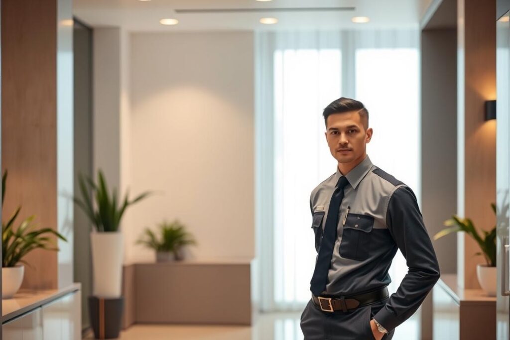 A serene, well-lit interior setting showcasing a professional security guard, dressed in a smart, tailored uniform, standing with a relaxed, confident posture. The guard's gaze is directed towards the viewer, exuding a sense of safety and reliability. The scene is framed by modern, minimalist decor, conveying a sleek, contemporary aesthetic. Soft, warm lighting from discreet sources casts a subtle glow, creating a welcoming ambiance. The overall mood is one of professionalism, efficiency, and reassurance, reflecting the non-invasive, predictable nature of the body contouring procedures described in the article.