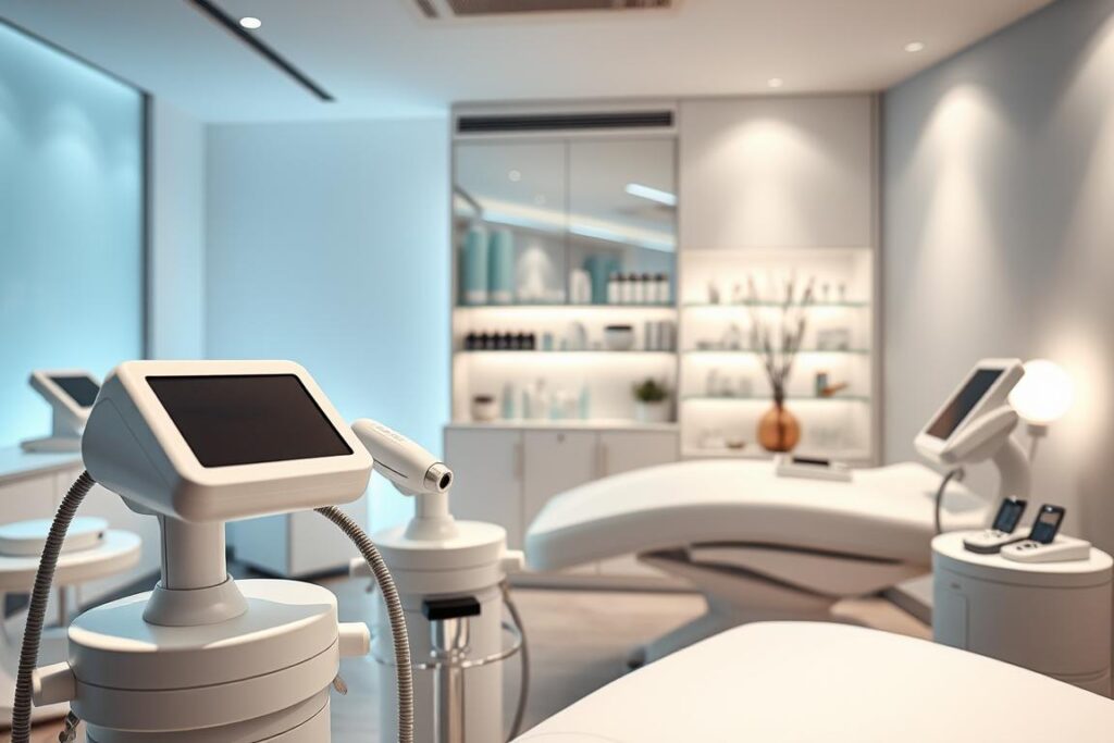 A sleek and modern medical spa setting, bathed in soft, directional lighting that highlights various aesthetic treatments. In the foreground, state-of-the-art equipment for non-invasive fat reduction procedures, such as cryolipolysis applicators and radio-frequency devices. The middle ground showcases an array of skincare products and tools, reflecting the comprehensive nature of the clinic's offerings. The background features elegant, minimalist decor, creating a soothing and serene ambiance for patients. The overall atmosphere conveys a sense of professionalism, innovation, and a commitment to personalized, results-driven aesthetic care.