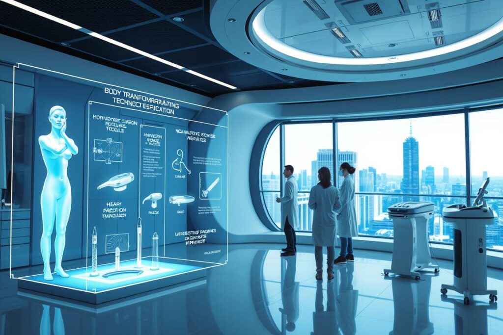 A sleek, futuristic laboratory setting with state-of-the-art medical technologies. In the foreground, a holographic display showcases various body transformation techniques, including high-precision body contouring tools and non-invasive skin tightening devices. The middle ground features a team of technicians in sterile white coats, meticulously calibrating and monitoring the advanced equipment. In the background, a panoramic window overlooks a gleaming cityscape, symbolizing the intersection of urban progress and cutting-edge aesthetics. Dramatic lighting casts an aura of innovation and sophistication, while a cool, minimalist color palette evokes a sense of clinical precision and technological prowess.