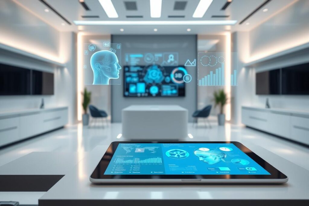 A sleek, modern office setting with a central desk showcasing the latest technological innovations. In the foreground, an elegant tablet displays personalized health diagnostics and 3D simulations of aesthetic treatments. Overhead, floating holograms present cutting-edge AI-powered analytics. The middle ground features a minimalist, high-tech workstation with a seamless touchscreen interface. The background is bathed in soft, ambient lighting, creating a serene, futuristic atmosphere that conveys the integration of technology and wellness.