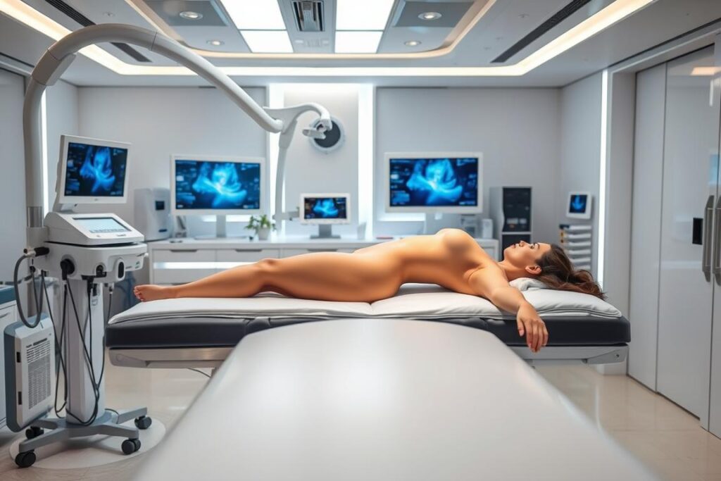 A sleek, technologically-advanced medical laboratory setting. In the foreground, a patient lies on a treatment table, undergoing a non-invasive body contouring procedure. Precision lasers, focused ultrasound waves, and the HITS™ system work in harmony, sculpting the patient's silhouette with surgical precision. The lighting is clean, bright, and clinical, highlighting the advanced instrumentation. The background features state-of-the-art medical equipment, computer displays, and a serene, futuristic atmosphere. Every detail conveys the cutting-edge, transformative nature of this next-generation body remodeling technology.