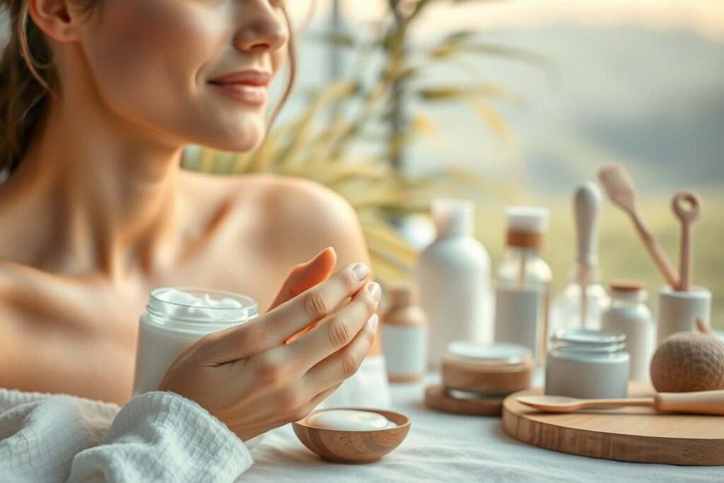 A tranquil scene depicting the "cuidados pele" (skin care) concept. In the foreground, a woman's delicate hands gently massaging nourishing cream into her glowing, healthy complexion. The middle ground features an array of natural skincare products - jars, bottles, and tools arranged in a serene, minimalist composition. The background showcases a softly blurred, calming landscape, hinting at the restorative power of nature. The lighting is soft and diffused, creating a sense of peaceful, spa-like ambiance. The overall mood is one of self-care, relaxation, and the pursuit of enduring, radiant skin.