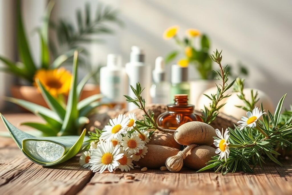 A vibrant still life composition set against a soft, ethereal backdrop. In the foreground, an assortment of natural, eco-friendly ingredients like aloe vera, chamomile, and rosemary, arranged harmoniously on a rustic wooden surface. Sunlight filters through the scene, casting warm, gentle shadows and highlighting the lush textures. The middle ground features a blurred, out-of-focus arrangement of clean beauty products, hinting at the integration of these wholesome elements. The background is a serene, pastel-toned gradient, conveying a sense of purity, tranquility, and the promise of a sustainable, mindful approach to beauty in 2025.