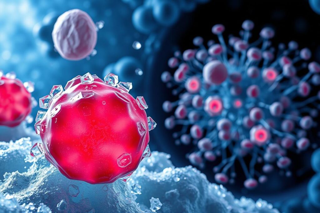 A visually striking depiction of selective fat cell freezing, showcasing the cryogenic process at a microscopic level. In the foreground, a cluster of adipocytes is being subjected to sub-zero temperatures, their membranes cracking and crystallizing. In the middle ground, a network of fat cells in various stages of cryogenic destruction, with some shriveling and others rupturing. The background reveals the intricate cellular structure, highlighting the targeted nature of the procedure. Rendered with crisp, detailed textures and a cool, clinical color palette, evoking the precise, surgical nature of the cryolipólise technique. Dramatic lighting casts dramatic shadows, heightening the sense of scientific examination.