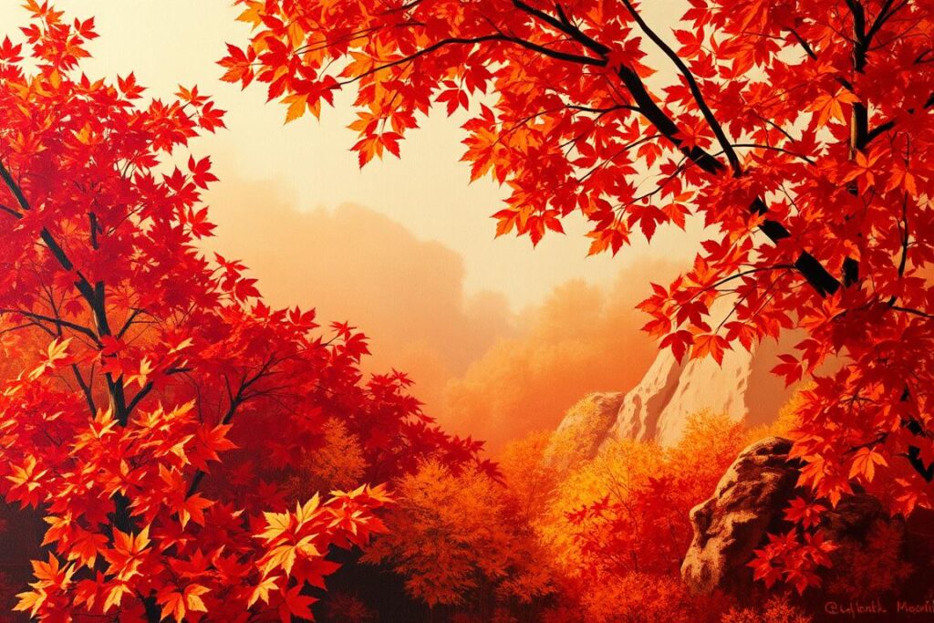 An autumnal palette of rich, warm hues cascades across the canvas, capturing the essence of the season. In the foreground, an array of fall foliage in shades of crimson, amber, and gold intertwine, creating a tapestry of vibrant colors. The middle ground features a harmonious blend of complementary tones, with soft brushstrokes of burgundy, ochre, and sienna, evoking the cozy atmosphere of the changing season. In the background, a subtle gradient of muted neutrals and earthy tones provides a soothing, natural backdrop, completing the scene with a sense of depth and balance. Soft, diffused lighting casts a gentle glow, accentuating the depth and texture of the composition. The overall impression is one of warmth, comfort, and the timeless beauty of autumn.