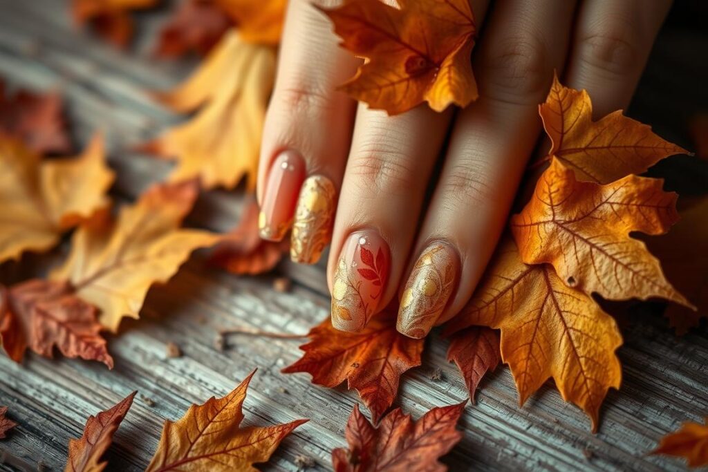 Autumn nails in a soft, warm palette. Delicate nail art designs featuring intricate leaf patterns, rich hues of gold, orange, and red. The nails are arranged on a rustic, wooden surface, with a backdrop of fallen autumn leaves scattered across the frame. Soft, diffused lighting casts a cozy, autumnal glow, highlighting the intricate textures and details of the nail art. The overall composition evokes a sense of coziness, transition, and the beautiful ephemeral nature of the changing seasons.