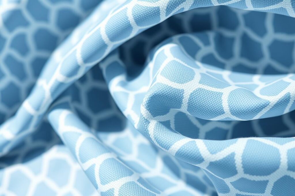 Detailed close-up of a lightweight, breathable fabric woven with an intricate, geometric pattern in shades of blue, white, and gray. The fabric has a slightly textured, satin-like surface and a soft, supple drape, reflecting its high UPF 50+ rating. The image is captured with a shallow depth of field, emphasizing the material's intricate structure and luxurious feel. Bright, natural lighting illuminates the fabric, casting gentle shadows and highlights that accentuate its technical properties and fashionable appeal.