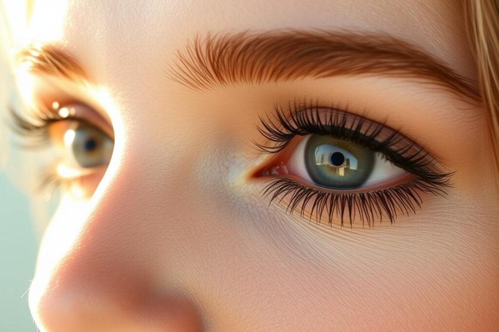Detailed, high-quality close-up portrait of a woman's eyes with long, lush lashes that appear naturally full and defined. Soft, warm lighting from the side creates gentle shadows and highlights the delicate texture and curl of the lashes. The eyes are open and looking straight ahead, conveying a sense of openness and purity. The skin around the eyes is smooth and glowing, with a subtle, natural makeup look. The overall mood is serene, feminine, and effortlessly beautiful, capturing the essence of a "no-mascara" eye makeup look.