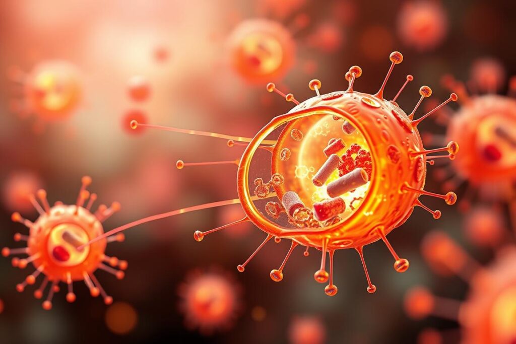 Detailed illustration of cellular exosomes acting as messengers, showcasing their intricate structure and communication role. A cross-section view reveals the complex inner workings, with membrane-bound vesicles carrying various biomolecular cargo. Warm, vibrant colors highlight the dynamic nature of these microscopic cellular couriers, their pathways traced by glowing energy fields. Subtle depth-of-field blur emphasizes the foreground elements, while a softly blurred background suggests the vast cellular network they navigate. Rendered with a scientific, yet artistic aesthetic to convey the beauty and importance of this essential cellular process.