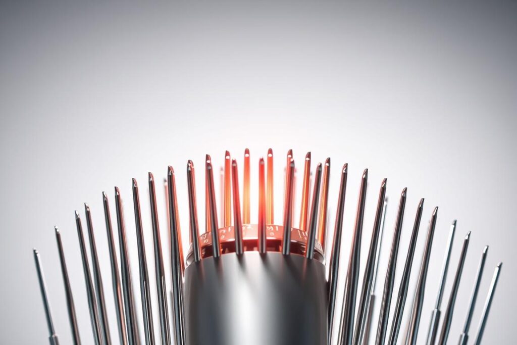 Elegant medical scene showcasing the latest advancements in microneedling with radiofrequency. An array of metallic microneedles glisten under studio lighting, their sharp tips poised to precisely deliver targeted radiofrequency energy into the skin. Surrounding the central device, a clean, minimalist background fades into soft shadows, emphasizing the technological prowess of this cutting-edge skin rejuvenation treatment. The overall mood is one of clinical sophistication and innovative skincare, capturing the essence of "Microneedling with Radiofrequency 2025" and its superior benefits compared to traditional microneedling.