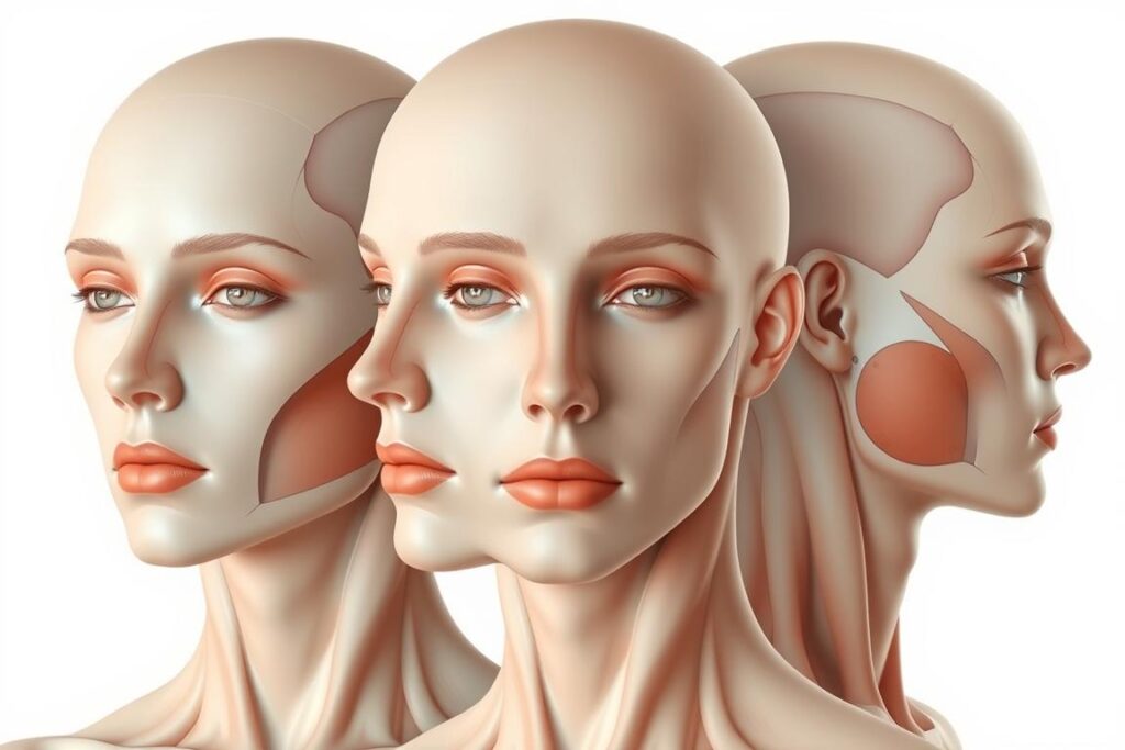 Prompt A lifelike, anatomically accurate illustration of the human facial and body areas, presented in a clean, scientific style. The subject is shown from multiple angles, with detailed depictions of the skin, muscles, and underlying structures. Soft, neutral lighting illuminates the forms, creating depth and dimension. The image has a serene, informative atmosphere, suitable for medical or educational purposes. The composition is balanced and symmetrical, allowing the viewer to clearly observe the different regions of the face and body. This comprehensive visual reference captures the natural diversity and beauty of the human form.