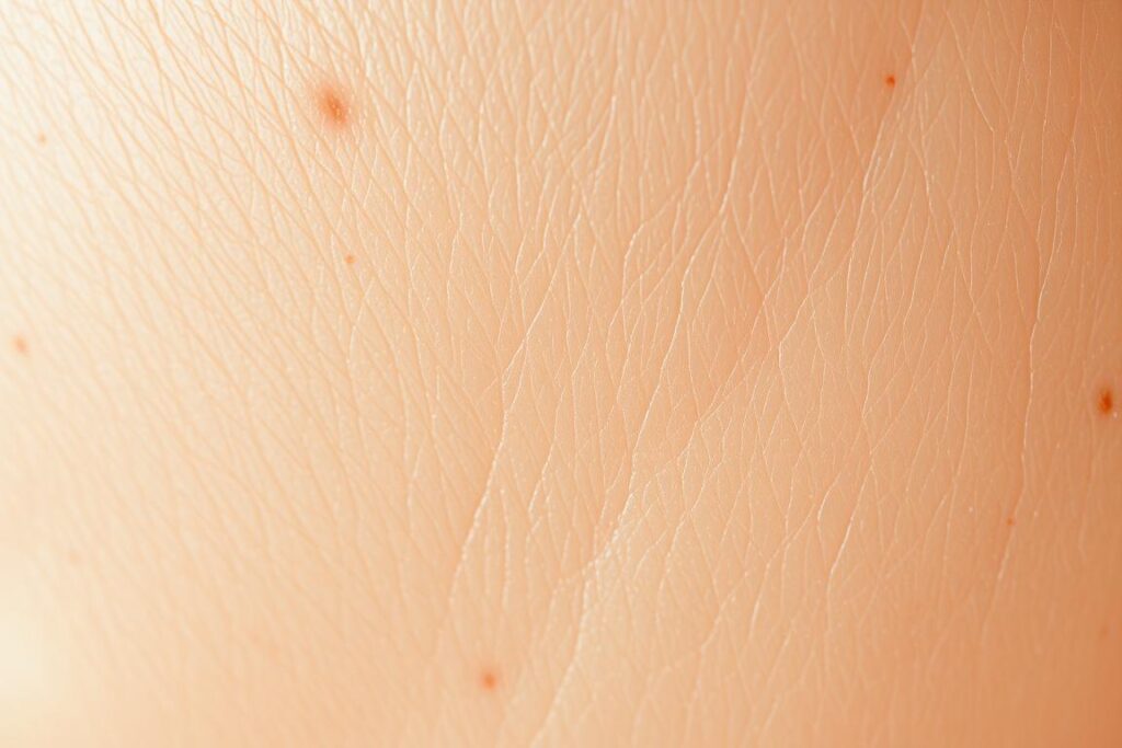 Skin texture close-up, showcasing the intricate patterns and natural variations of healthy, glowing skin. Soft, diffused lighting highlights the delicate pores, fine lines, and subtle imperfections that contribute to the skin's unique character. A serene, naturalistic atmosphere emphasizes the inherent beauty and vitality of the human complexion. Captured with a macro lens to render the skin's surface in striking detail, the image conveys a sense of intimacy and appreciation for the subtle, yet captivating, aesthetics of the body's largest organ.