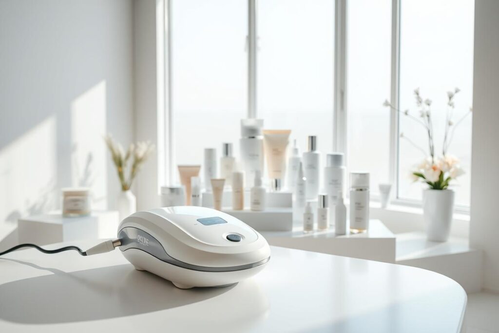 A bright, well-lit studio setting showcasing the latest laser hair removal techniques and products for modern feminine self-care in 2025. In the foreground, a sleek, state-of-the-art laser hair removal device with a clean, minimalist design sits atop a pristine white table. The middle ground features an array of premium skincare and hair removal products, neatly arranged in a visually appealing display. In the background, a large window floods the scene with natural daylight, creating a serene and welcoming ambiance. The overall mood is one of sophistication, innovation, and a commitment to empowering women's self-care routines.