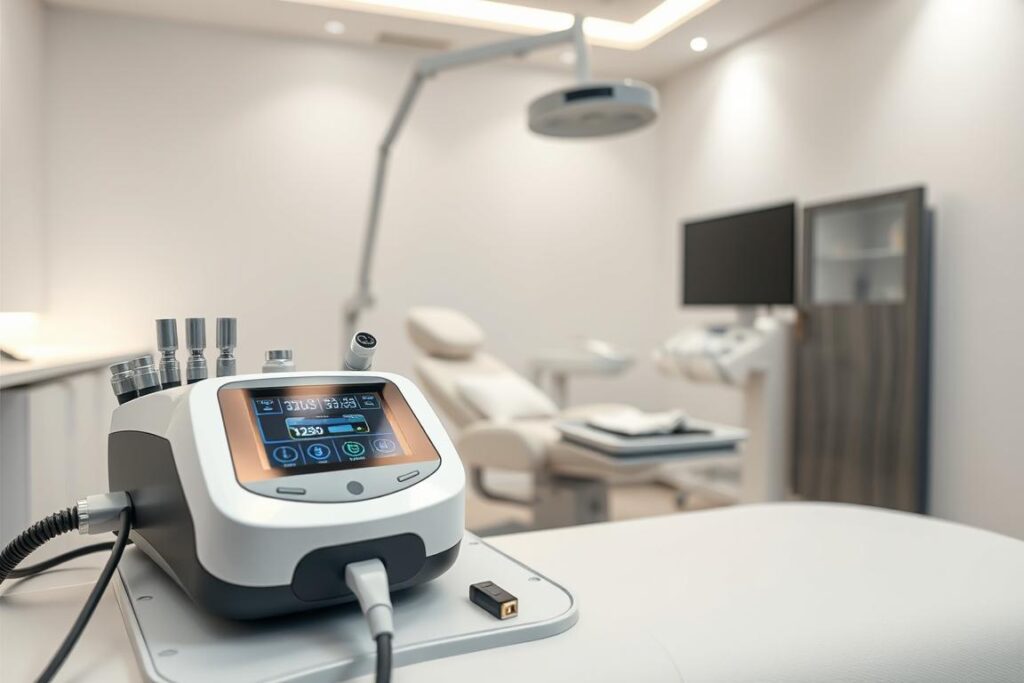A clean, well-lit medical clinic setting with state-of-the-art laser hair removal equipment prominently displayed. In the foreground, a sleek, modern laser device with a variety of attachments and settings. Beside it, a tablet or control panel displaying technical readouts and parameters. In the middle ground, a comfortable-looking patient chair, with clean linens and equipment trays nearby. The background features crisp, white walls and subtle, indirect lighting, conveying a sense of professionalism and advanced technology. The overall mood is one of precision, efficiency, and the latest advancements in laser hair removal techniques.