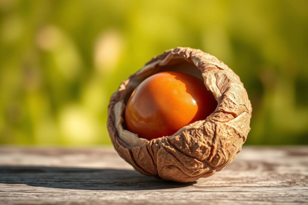 A close-up, high-resolution image of a Brazil nut (castanha-do-pará), its rough and textured shell partially peeled to reveal the glossy, golden-brown nut within. The nut is prominently positioned in the foreground, with a soft, blurred background that suggests a serene, natural environment, perhaps a field of lush, green foliage or a wooden surface. The lighting is warm and natural, casting gentle shadows that accentuate the nut's intricate details. The image conveys a sense of balance, simplicity, and the nourishing properties of this important mineral-rich ingredient for skin health.