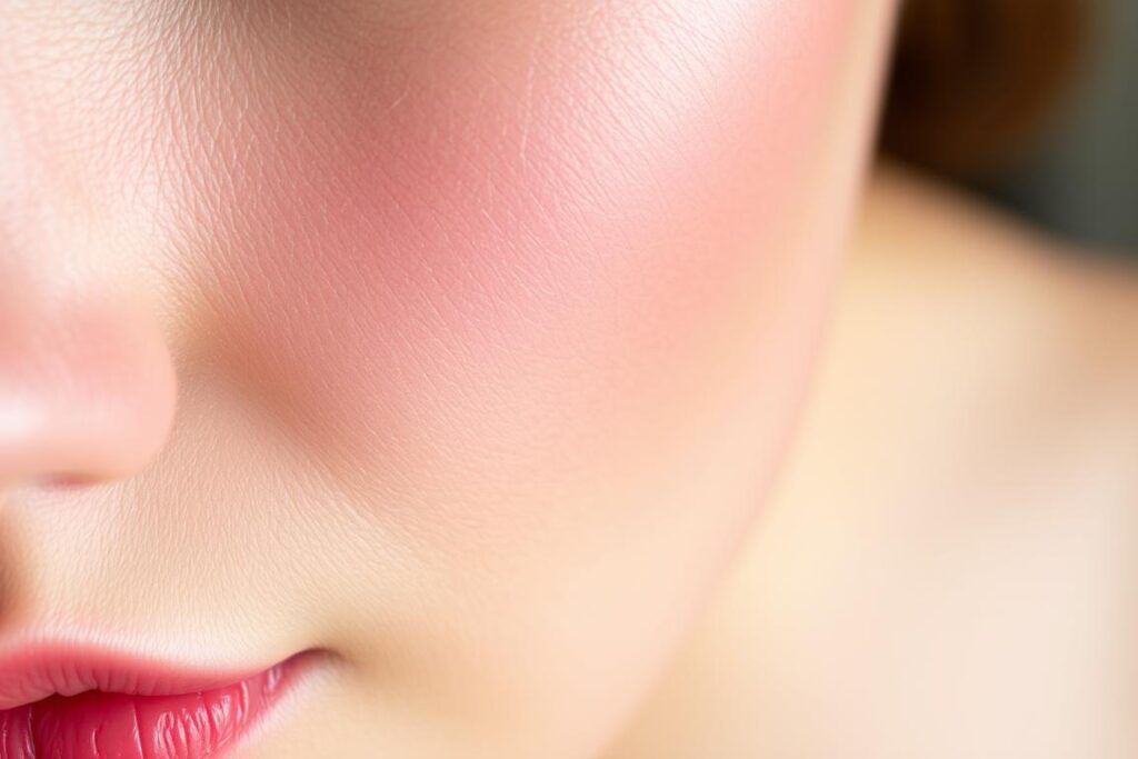 A close-up of a woman's delicate skin, with a soft, glowing complexion and a subtle rosy hue. The lighting is gentle, creating a warm, inviting atmosphere. The focus is on the texture and sensitivity of the skin, highlighting the need for extra care and consideration when it comes to hair removal. The background is blurred, keeping the attention on the skin's surface and its unique characteristics. The overall mood is one of vulnerability and the importance of understanding one's own skin type before undertaking any beauty procedures.