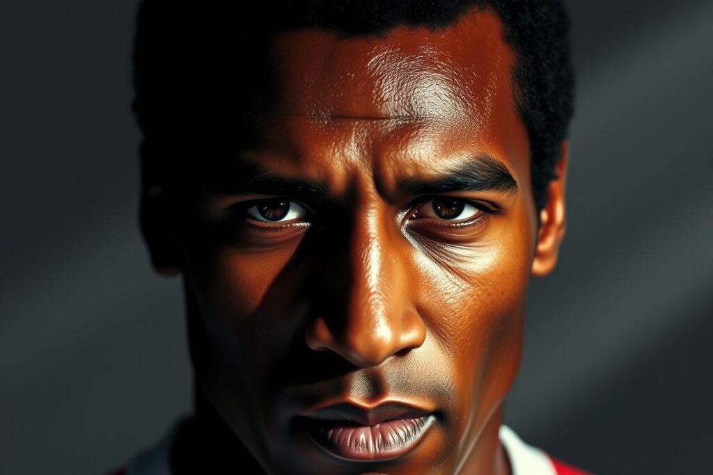 A close-up portrait of the legendary Brazilian soccer player Pele, captured in a minimalist, high-contrast style. Pele's face is the focal point, with his intense gaze and confident expression conveying a sense of sophistication and creative expression. The lighting is dramatic, casting shadows that accentuate his strong features. The background is blurred and simplified, placing all emphasis on Pele's face and the minimalist, high-fashion aesthetic. The overall mood is one of elegance, athleticism, and a modern, artistic interpretation of this iconic figure.