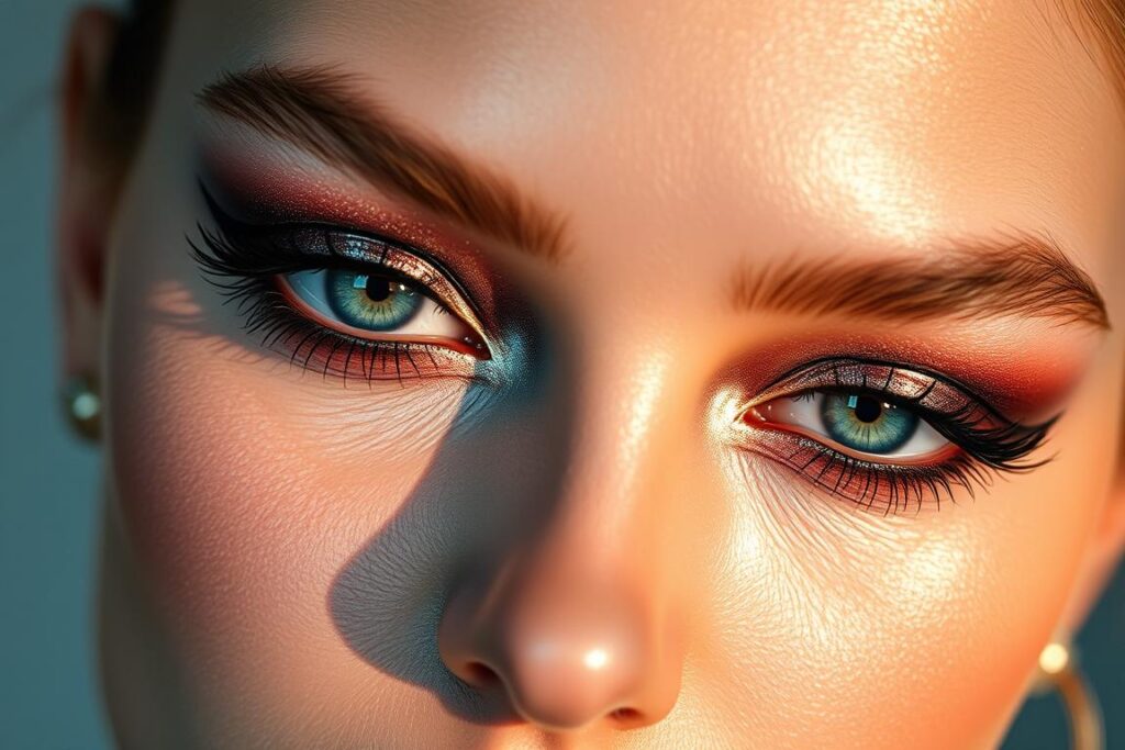 A close-up shot of a model's face, with a captivating eye makeup look that encapsulates the 2025 beauty trends. The eyes are the focal point, adorned with shimmering metallic eyeshadows in rich, jewel-toned hues. The eyeliner is bold and graphic, creating a striking geometric design that extends beyond the lids. The lighting is soft and flattering, casting a warm, luminous glow on the skin. The model's expression is one of confidence and poise, drawing the viewer's attention to the mesmerizing eye makeup. The overall mood is sophisticated, modern, and reflective of the cutting-edge beauty innovations expected in 2025.