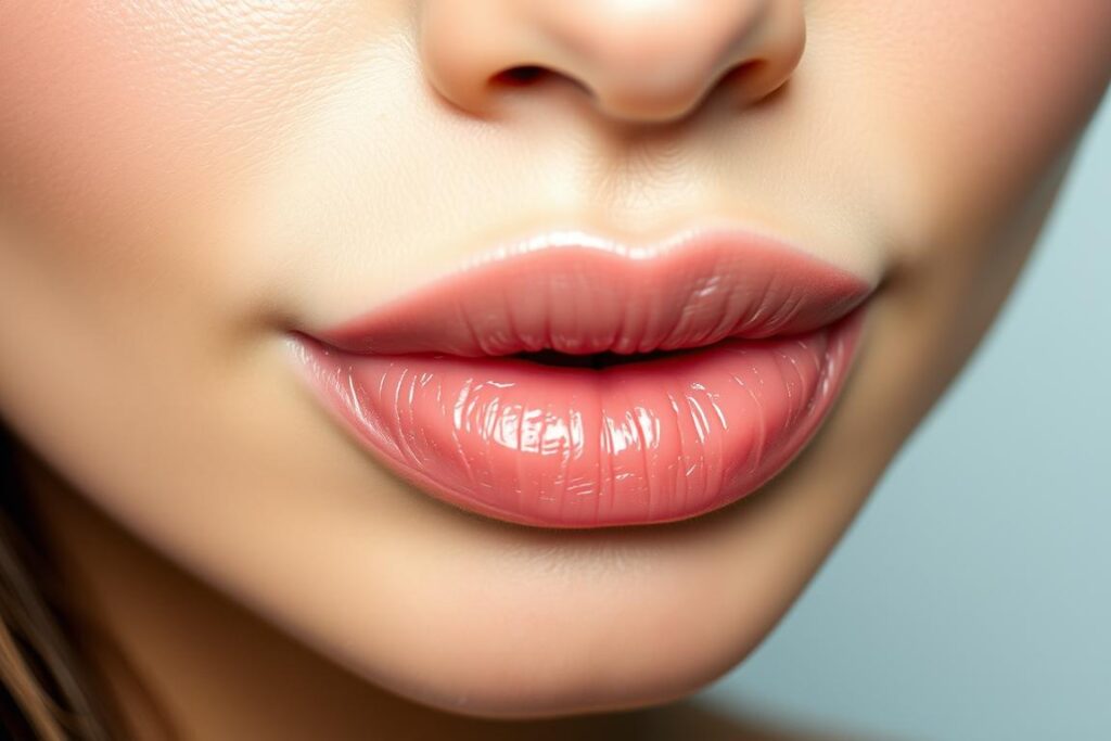 A close-up shot of a pair of hydrated, lush lips with a natural, glossy sheen. The lips are slightly parted, revealing a hint of natural pink hue. Soft, diffused lighting creates a luminous, dewy effect, emphasizing the plump, nourished appearance. The composition focuses solely on the lips, with a clean, minimal background that allows the subject to take center stage. The overall mood is one of effortless, healthy beauty, reflecting a natural, everyday makeup look.