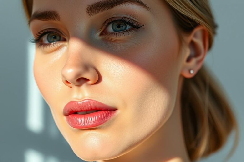A close-up view of a woman's face, illuminated by soft, flattering lighting that accentuates her skin's natural radiance. The scene captures the essence of modern, non-invasive facial procedures, with a focus on subtle enhancements that bring out the subject's best features. The background is blurred, allowing the face to take center stage and convey a sense of tranquility and self-care. The overall mood is one of refinement and effortless beauty, reflecting the latest trends in aesthetic treatments.