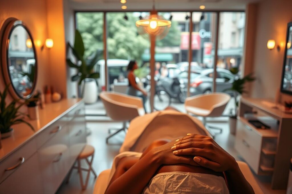 A cozy, well-lit beauty salon in the heart of Tatuapé, with a chic, modern aesthetic. The foreground features a graceful woman with glowing, rich brown skin, undergoing a delicate, specialized hair removal treatment. Soft, warm lighting casts a gentle glow, highlighting the serene, tranquil atmosphere. In the middle ground, the salon's sleek, minimalist furnishings and decor create a soothing, relaxing ambiance. The background showcases the bustling streets of Tatuapé, with lush greenery and vibrant cityscape, hinting at the urban locale. The overall scene conveys a sense of professionalism, expertise, and personalized care for the unique needs of the salon's black clientele.
