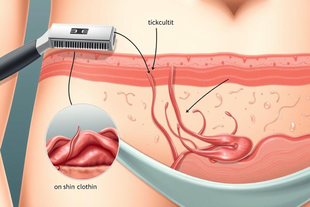 A detailed close-up illustration showcasing the main causes and risk factors of folliculitis and ingrown hairs, including a sharp razor blade, tight-fitting clothing, and areas of skin-on-skin friction. The scene is rendered in a clinical, scientific style with muted colors and precise anatomical details, conveying a sense of medical authority and educational purpose. Bright, evenly distributed lighting highlights the key elements, and the composition emphasizes the relationships between the contributing factors. The overall mood is informative and educational, designed to visually support the article's section on the underlying causes of this common skin condition.