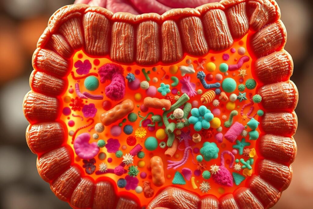 A detailed cross-section of the human intestinal microbiome, showcasing a diverse array of beneficial bacteria, probiotics, and microbial communities. Vibrant colors and intricate patterns depict the complex, symbiotic ecosystem within the gut. Warm, earthy tones create a calming, natural atmosphere, while a soft, diffused lighting illuminates the delicate microbial structures. The image should convey the importance of gut health, the harmony between microbiota and human immunity, and the potential of probiotics, prebiotics, and fermented foods to support overall well-being.