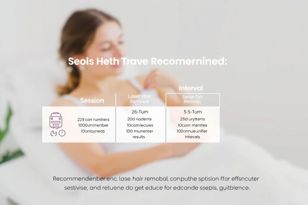 A detailed diagram showcasing the recommended number of laser hair removal sessions and the optimal intervals between them for effective and consistent results. The image should feature a clean, minimalist layout with a light, airy color palette. The foreground should display a stylized illustration or infographic outlining the session and interval details, accompanied by helpful icons or graphics. The middle ground could include a soft, blurred background depicting a soothing, medical-inspired environment, while the background should provide a simple, neutral setting to allow the key information to take center stage. The overall mood should convey a sense of professionalism, clarity, and reliance on expert guidance for achieving desired laser hair removal outcomes.