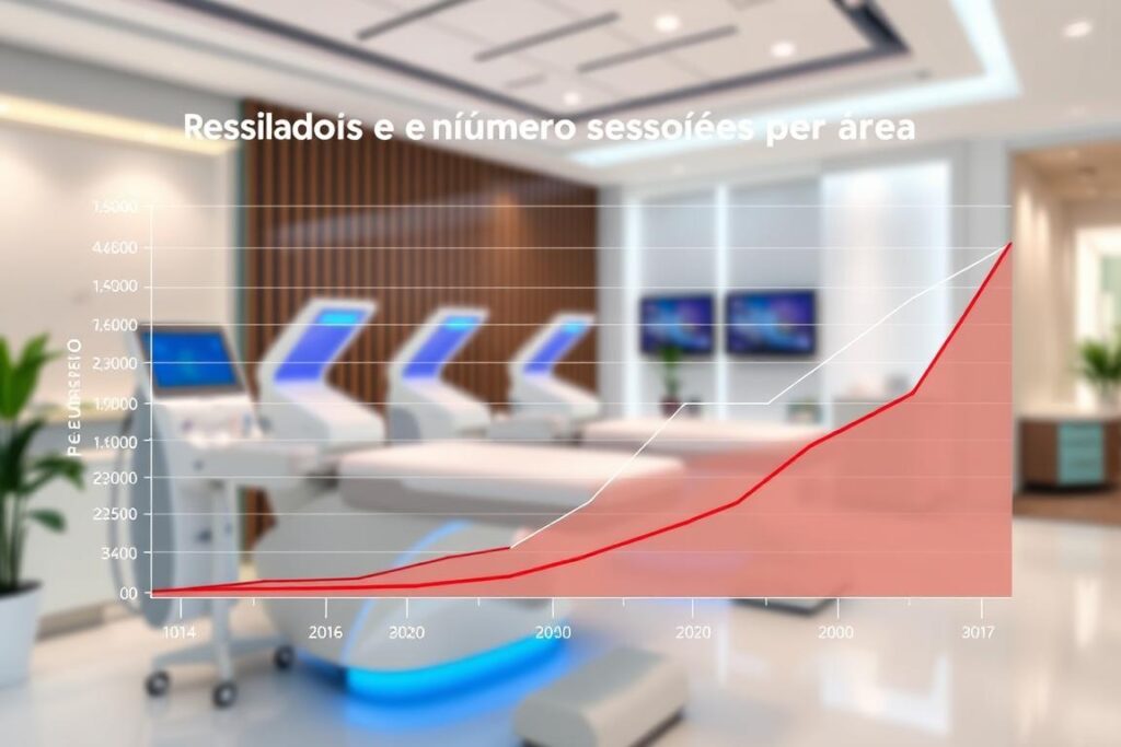 A detailed graph showcasing the "Resultados e número de sessões por área" for a laser hair removal clinic. The foreground features a sleek, minimalist data visualization with clean lines, distinct sections, and a crisp color palette. The middle ground depicts clinical equipment like lasers and treatment beds, conveying the professional, medical setting. The background is a subtly blurred view of a modern, well-lit clinic interior with contemporary architectural details. The overall mood is one of precision, efficacy, and high-quality service, reflecting the expertise of the clinic. The image has a balanced, sophisticated aesthetic that complements the article's subject matter.