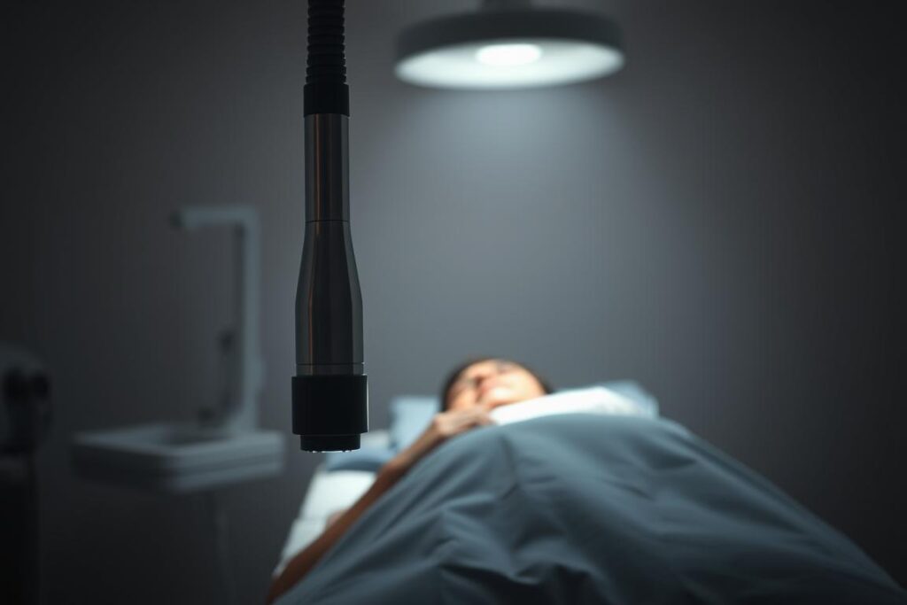 A dimly lit medical room, sterile and clinical, with a patient lying on a treatment table. Soft overhead lighting casts long shadows, creating a sense of unease. In the foreground, a laser device hovers menacingly, its sleek design and gleaming metal surfaces conveying a sense of power and precision. The patient's expression is one of apprehension, their body language tense, as they brace for the impending procedure. The background is hazy, blurred, emphasizing the focus on the intimate and delicate moment. The overall atmosphere is one of discomfort and vulnerability, yet tinged with a promise of safety and security through the skilled hands of the medical professional.