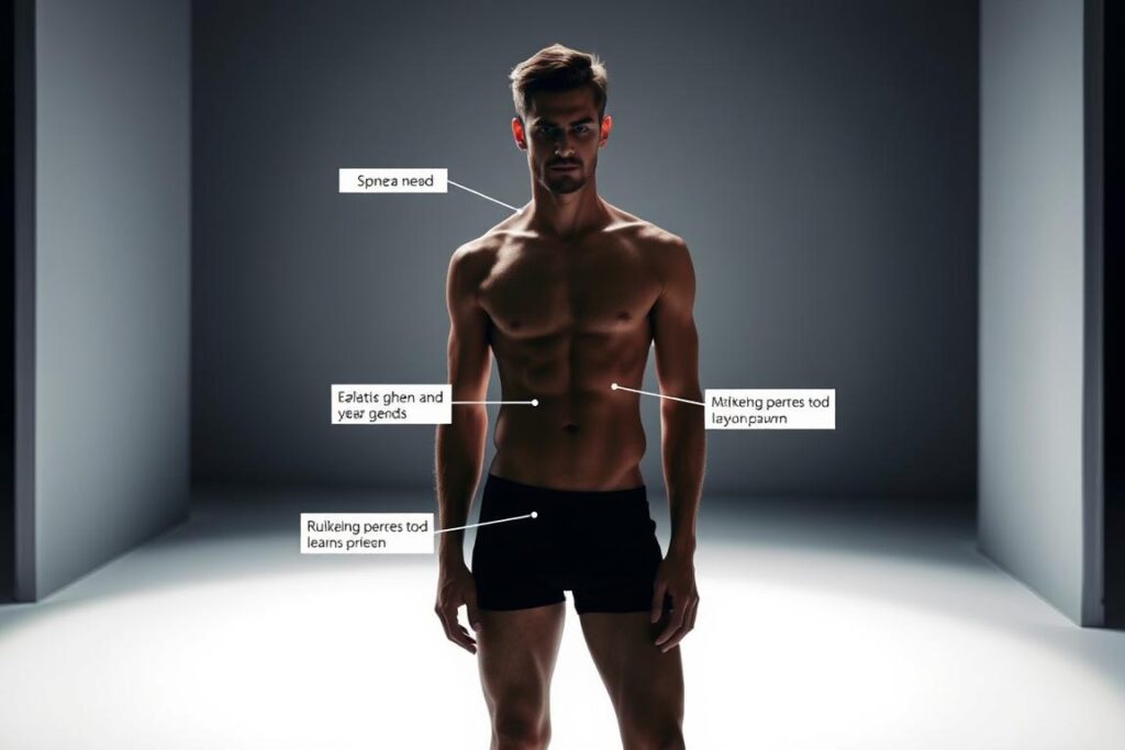 A dimly lit, minimalist studio setting featuring a male figure in the foreground, with several distinct areas of the body highlighted and labeled. The figure is posed in a neutral stance, allowing the focus to be on the various regions of interest. The lighting is soft and directional, casting gentle shadows that accentuate the contours of the body. The background is a plain, muted color, keeping the attention on the central subject. The overall mood is one of clinical precision and informative presentation, suitable for an educational article on male grooming trends.