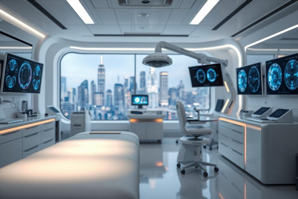 A futuristic medical lab brimming with cutting-edge technology. In the foreground, a sleek, minimalist examination table is illuminated by soft, indirect lighting, hinting at the non-invasive treatments to come. The middle ground features an array of state-of-the-art diagnostic equipment, their displays showing intricate visualizations of the skin's subsurface structures. In the background, a panoramic window offers a view of a gleaming, high-tech city skyline, symbolizing the advancements that will shape the future of skincare. The overall atmosphere is one of clinical precision, scientific innovation, and a glimpse into the transformative power of next-generation dermatological solutions.