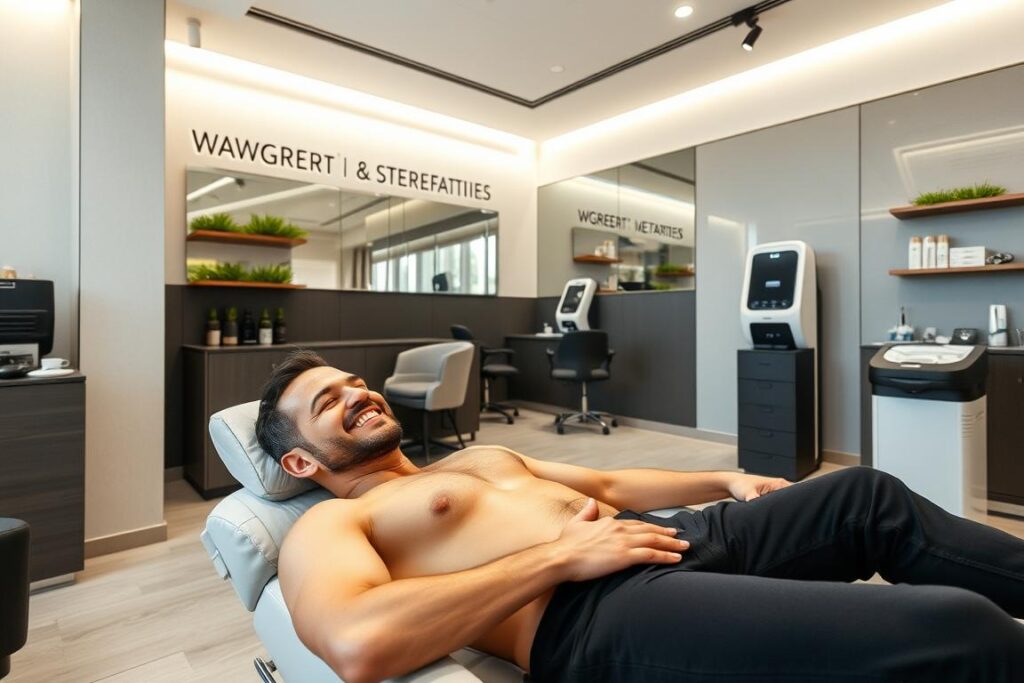 A high-end, contemporary men's waxing and grooming studio in Tatuapé, 2025. The interior features sleek, minimalist decor with muted tones, natural lighting, and discreet signage. In the foreground, a smiling male client reclines comfortably as a skilled aesthetician performs a precise, meticulous waxing treatment. The background showcases the studio's clean, hygienic workspace and state-of-the-art equipment. The overall atmosphere conveys a sense of professionalism, relaxation, and a commitment to providing a premium grooming experience for the modern, discerning male client.