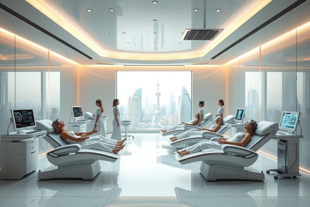 A high-fashion futuristic cosmetic procedure clinic, with sleek, minimalist architecture and a serene, soothing ambiance. Patients recline on ergonomic treatment chairs as cutting-edge equipment and holographic interfaces surround them. The lighting is soft, indirect, and calming, casting a warm, futuristic glow. In the background, a panoramic window offers a view of a modern, technologically-advanced city skyline, hinting at the advanced nature of the procedures on offer. The clinic's staff, dressed in crisp white uniforms, move with a sense of precision and professionalism. An overall atmosphere of innovation, sophistication, and the promise of aesthetic transformation permeates the scene.