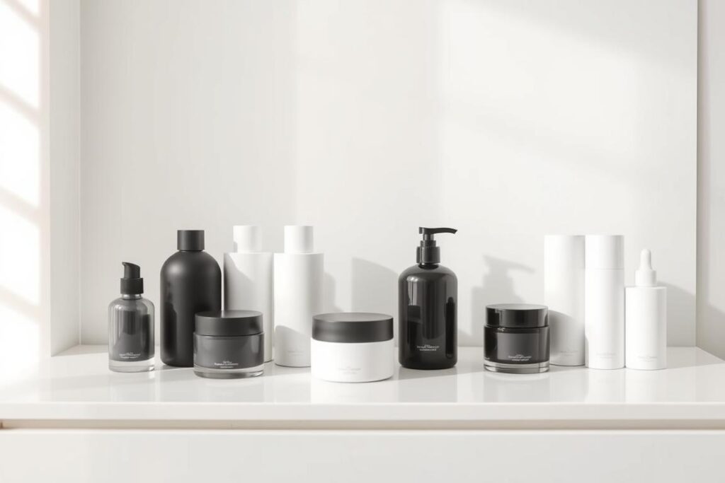 A high-performance skincare routine, minimal yet impactful. A pristine vanity top hosts an array of sleek, minimalist bottles and jars against a softly lit backdrop. Streamlined glass and matte silicone containers in shades of white, gray, and black convey a sense of clinical efficacy. Gentle, diffused lighting casts subtle shadows, highlighting the clean, geometric forms. The overall atmosphere is one of pared-back sophistication and laser-focused skincare, reflecting the ethos of "skinimalismo" - the pursuit of maximum skin health with a concise, high-impact product lineup.
