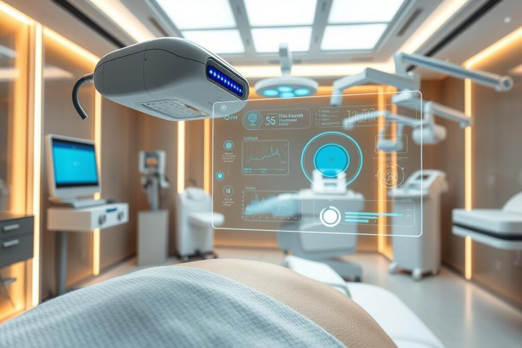 A high-tech medical spa setting with sleek, modern equipment and minimalist decor. In the foreground, an AI-powered depilation device hovers over a patient's skin, its advanced sensors and algorithms tailored to their unique needs. In the middle ground, a holographic display showcases personalized treatment data, blending seamlessly with the clinical yet calming atmosphere. The background features state-of-the-art medical technology, conveying a sense of precision, safety, and the integration of artificial intelligence into the field of hair removal.