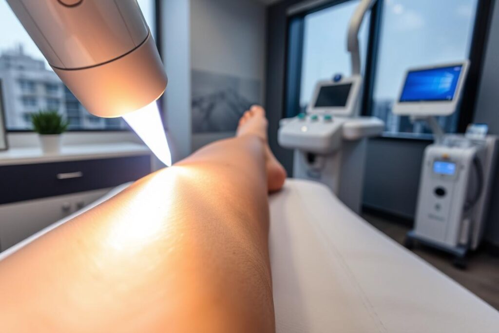 A laser hair removal procedure in a modern, well-equipped clinic in Tatuapé, São Paulo. The subject is a close-up view of a person's leg, with the skin gently illuminated by a focused beam of light. The foreground features the laser device precisely targeting the unwanted hair, while the middle ground showcases the clinical setting with sleek, minimalist decor and high-end medical equipment. The background subtly suggests the urban environment of Tatuapé, with glimpses of the cityscape visible through the windows. The overall mood is one of professionalism, precision, and the latest advancements in aesthetic technology, reflecting the 2025 price point for this laser hair removal service.
