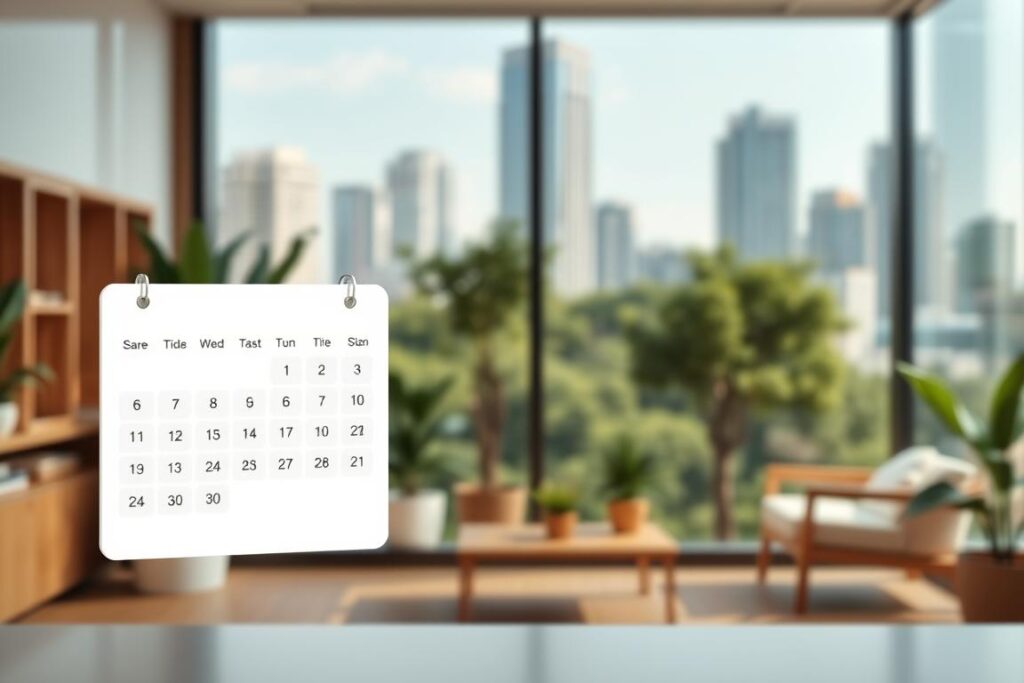 A modern, minimalist appointment booking interface set against a softly blurred Tatuapé cityscape. In the foreground, a clean, white-themed calendar widget with smooth, intuitive controls to schedule a consultation. Behind it, a mid-ground featuring a warm, earthy-toned office interior with natural wood accents and strategically placed greenery. In the background, the sleek silhouettes of high-rise buildings and lush, verdant trees convey an upscale, metropolitan atmosphere. Soft, diffused lighting casts a welcoming, professional ambiance over the entire scene.