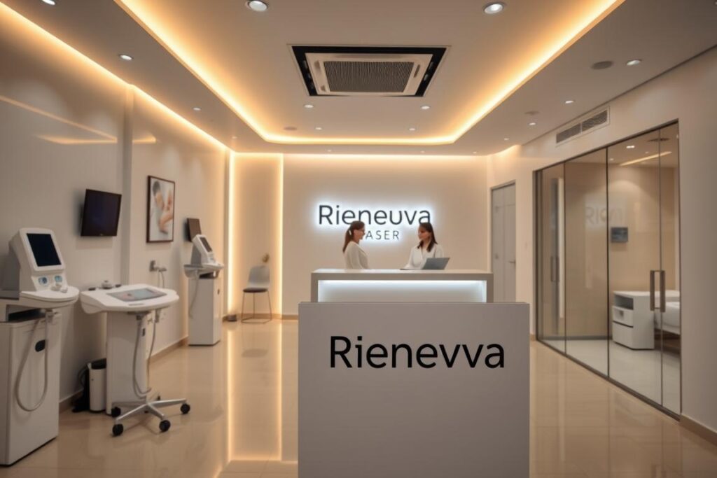 A modern, sleek medical clinic interior with warm lighting and a minimalist aesthetic. In the foreground, a prominent display showcases the "Renova Laser" brand, featuring a clean, bold logo and high-quality equipment. The middle ground highlights a welcoming, open-concept reception area with a friendly staff attending to patients. In the background, glimpses of private treatment rooms suggest a focus on personalized, attentive care. The overall atmosphere conveys professionalism, innovation, and a commitment to providing exceptional laser hair removal services in Tatuapé, 2025.