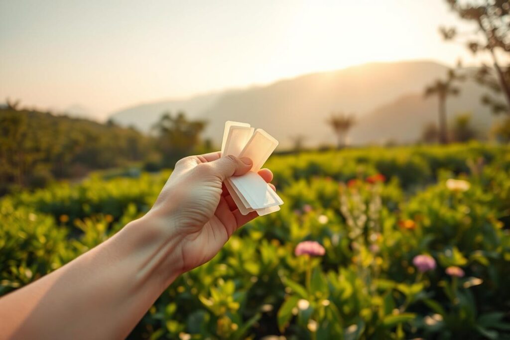 A peaceful, natural landscape showcasing the ethical and environmental aspects of vegan hair removal. In the foreground, a serene close-up of a hand gently plucking plant-based wax strips from a forearm, revealing smooth, glowing skin. The middle ground depicts a lush, verdant garden flourishing with sustainable botanical ingredients used in vegan depilation products. In the background, a tranquil mountain range bathed in soft, golden sunlight symbolizes the harmony between human care and environmental preservation. Captured with a wide-angle lens to emphasize the holistic, eco-friendly approach to vegan hair removal.