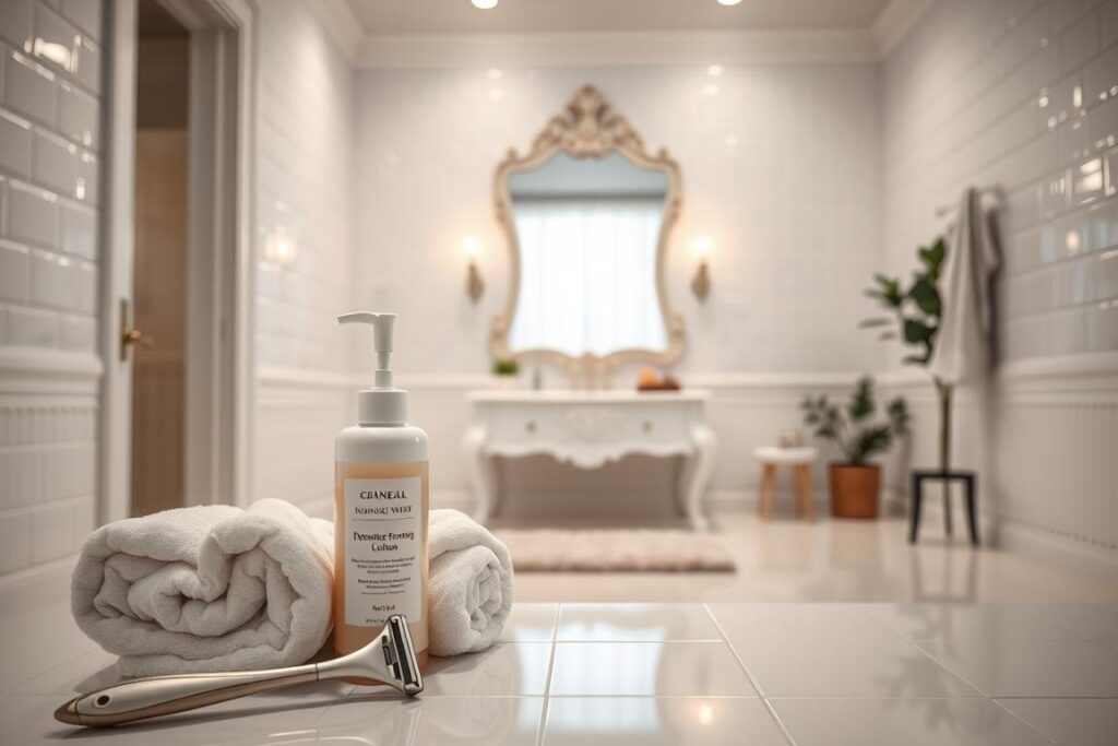 A pristine, well-lit bathroom with gleaming white tiles and muted lighting. In the foreground, an arrangement of essential self-care items - a razor, a bottle of delicate feminine wash, a soothing lotion, and soft, fluffy towels. The middle ground features a serene, elegant vanity with a large, ornate mirror, reflecting the tranquil scene. In the background, a plush bathmat and a potted plant add a touch of natural warmth. The overall atmosphere conveys a sense of comfort, safety, and attentive, thoughtful self-care.