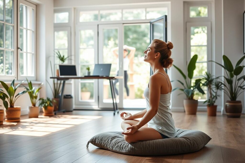 A serene and inviting scene of mental health integration in daily life. A bright, airy room with large windows overlooking a lush garden. Soft natural light filters in, creating a warm and calming atmosphere. In the foreground, a person sits cross-legged on a plush floor cushion, eyes closed in meditation, surrounded by potted plants and soothing ambient decor. In the middle ground, a modern standing desk with a laptop and paperwork suggests a balanced work-life integration. The background features an open doorway leading to an outdoor patio, where a person practices gentle yoga poses, reinforcing the holistic nature of mental wellness routines. The overall composition conveys a sense of tranquility, self-care, and the seamless integration of mental health practices into everyday life.