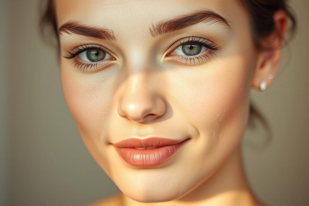A serene, close-up portrait of a woman's face, showcasing the natural radiance and health of her skin. The lighting is soft and diffuse, creating a warm, glowing effect that highlights the smoothness, clarity, and even tone of her complexion. The focus is on the forefront, with a slightly blurred, hazy background that adds depth and emphasizes the skin's luminosity. The overall mood is one of tranquility, wellbeing, and the palpable benefits of a laser hair removal treatment, as if the viewer can almost feel the silkiness and rejuvenation of the subject's skin.
