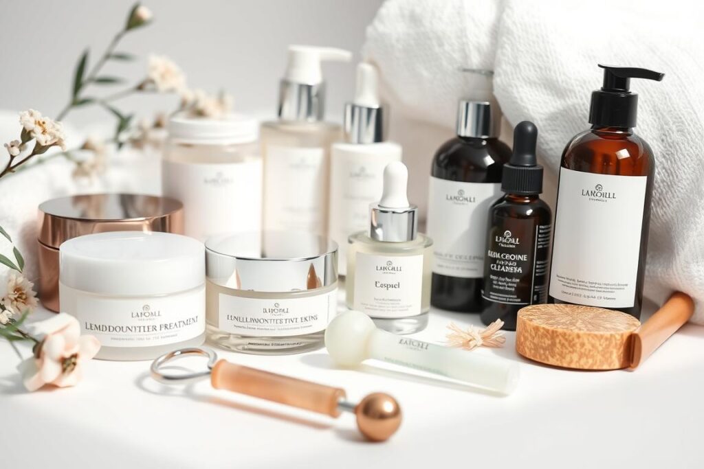 A serene, high-definition close-up image of various facial treatment products and tools, artfully arranged on a clean, minimalist white background. The products include moisturizers, serums, cleansers, and devices like a jade roller and gua sha tool, all meticulously lit to showcase their textures and colors. The scene conveys a sense of relaxation, sophistication, and the promise of youthful, radiant skin. The overall composition is balanced, with a focus on the foreground items and a soft, out-of-focus background, creating a sense of depth and a professional, editorial aesthetic.